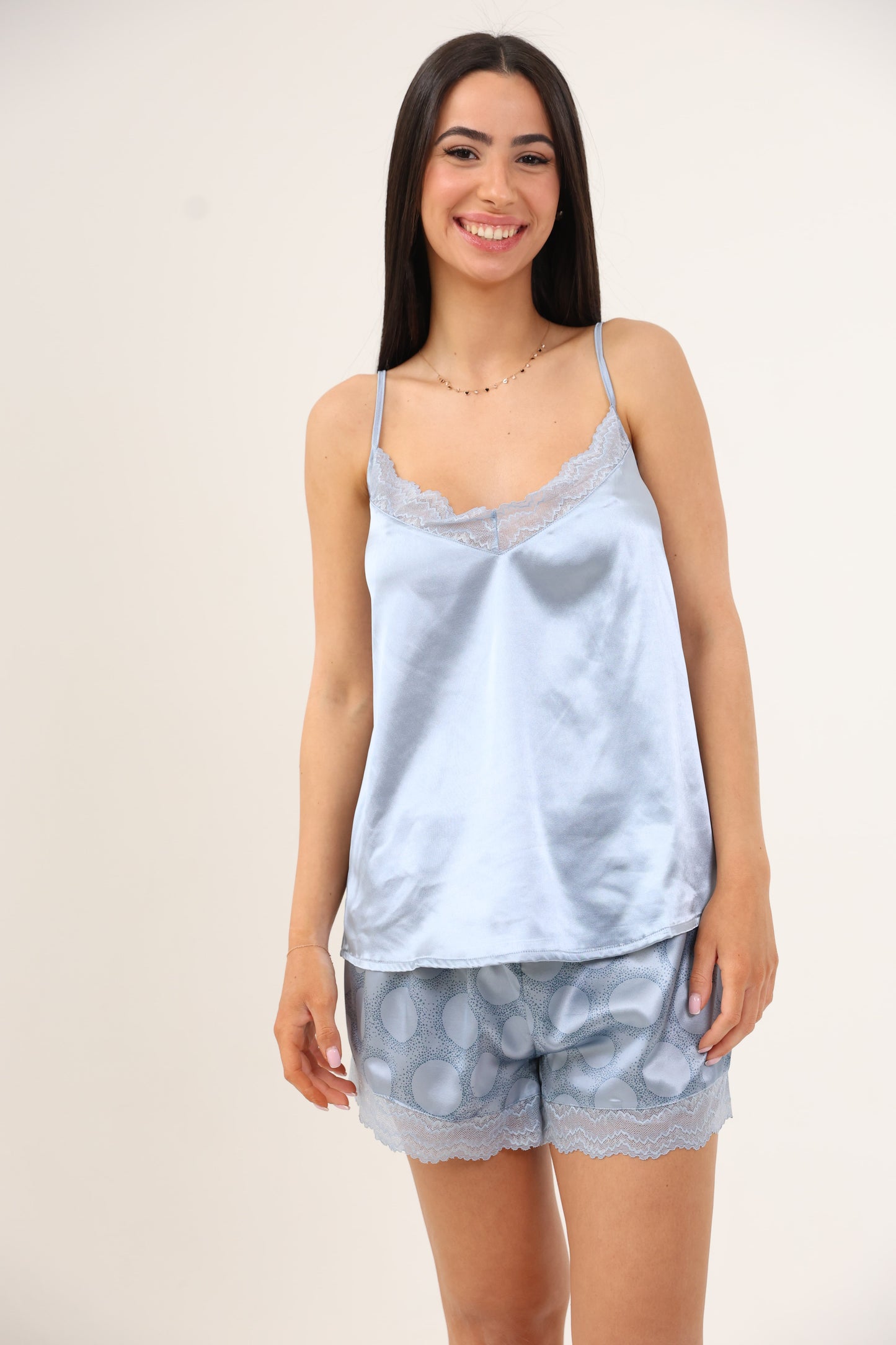 סט פיג'מת סאטן גופייה הדפס עיגולים