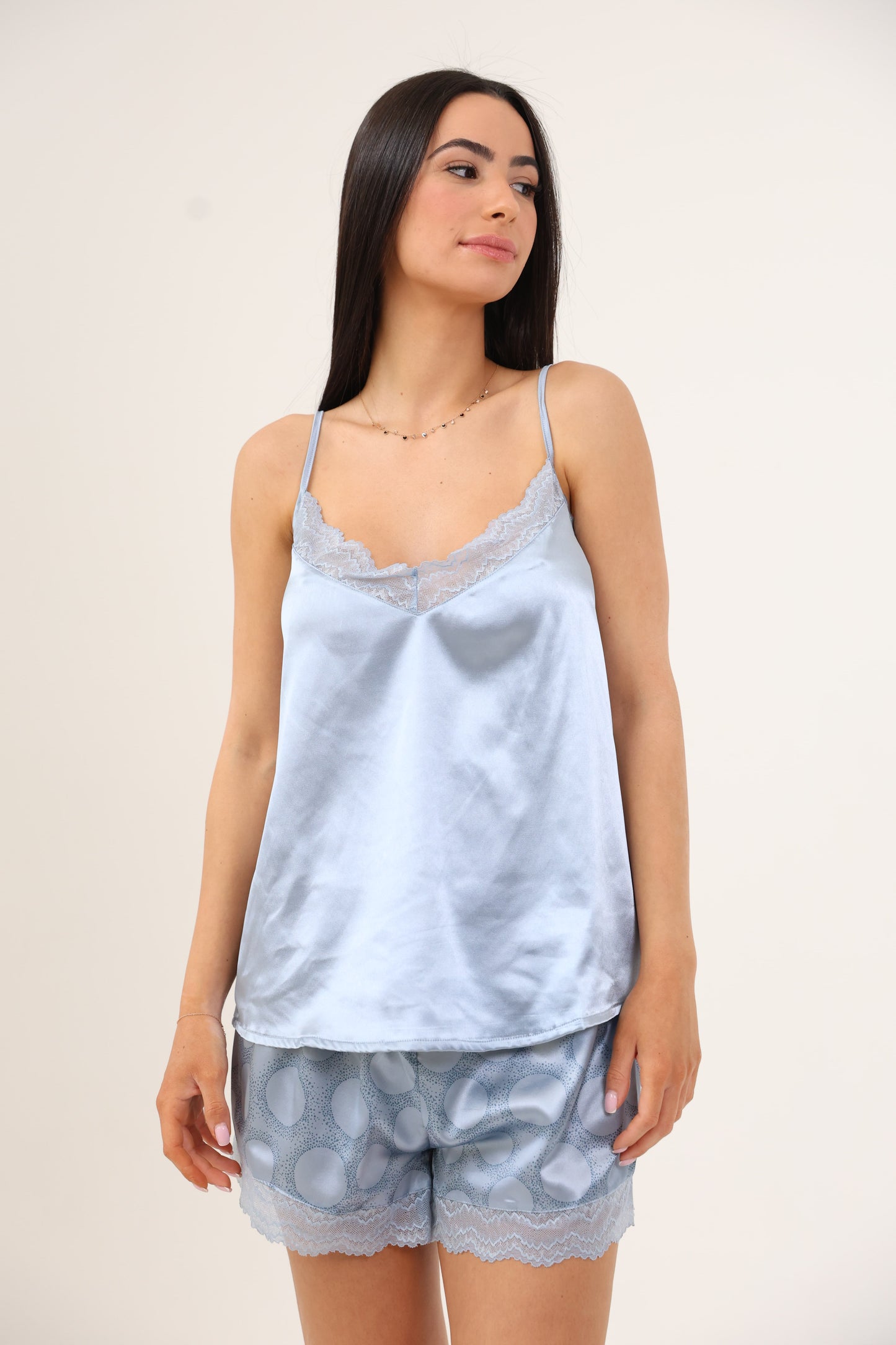 סט פיג'מת סאטן גופייה הדפס עיגולים