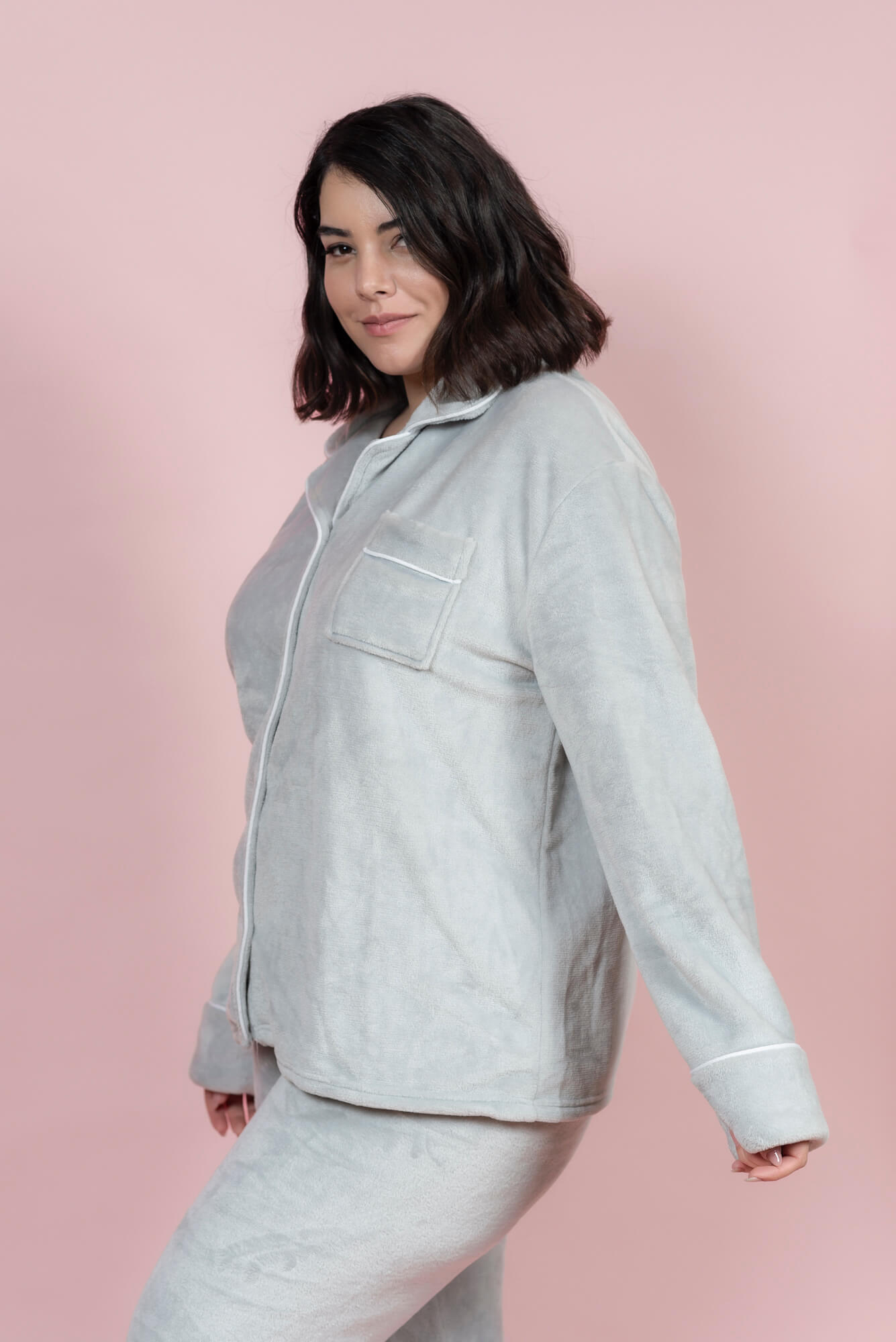 סט פיג’מה פליז קלאסי כפתורים