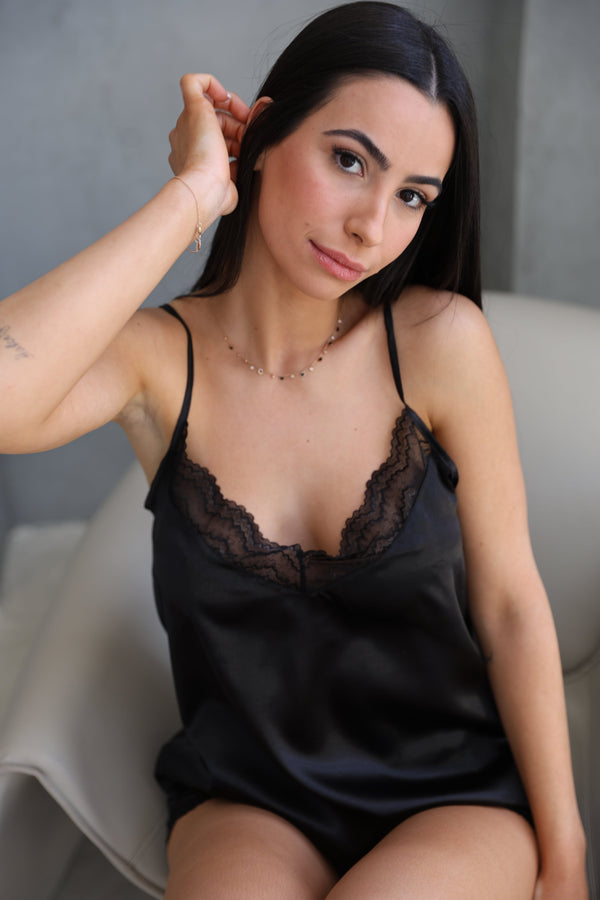 סט פיג'מת סאטן גופייה הדפס עיגולים