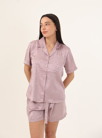 סט פיג'מת סאטן מכופתרת הדפס מנומר