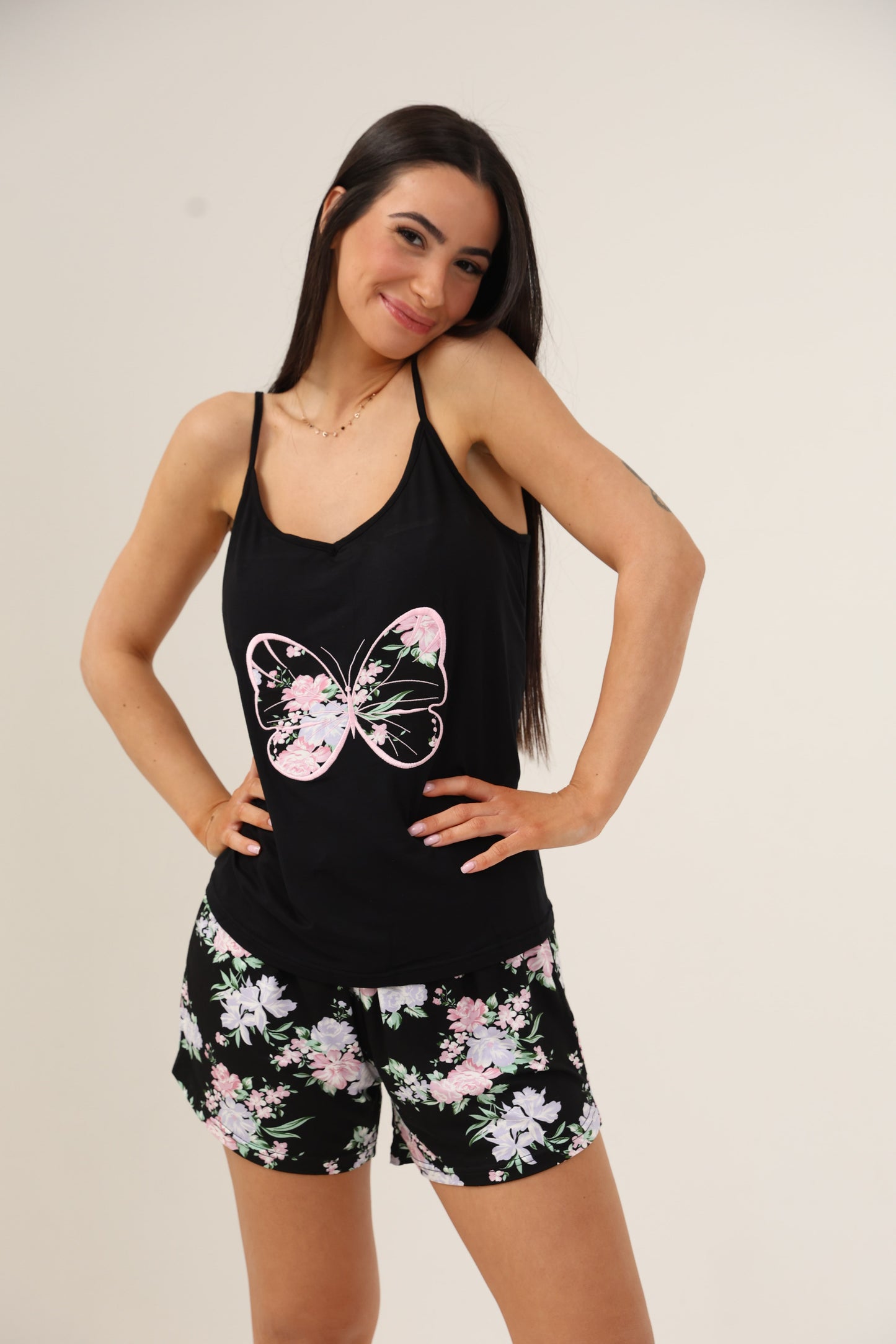 סט פיג'מת מודל  גופייה הדפס פרפר