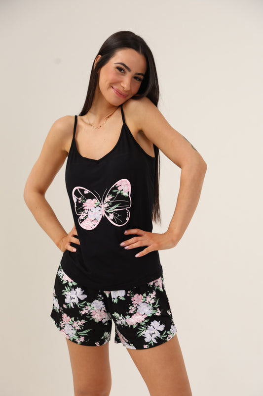 סט פיג'מת מודל  גופייה הדפס פרפר