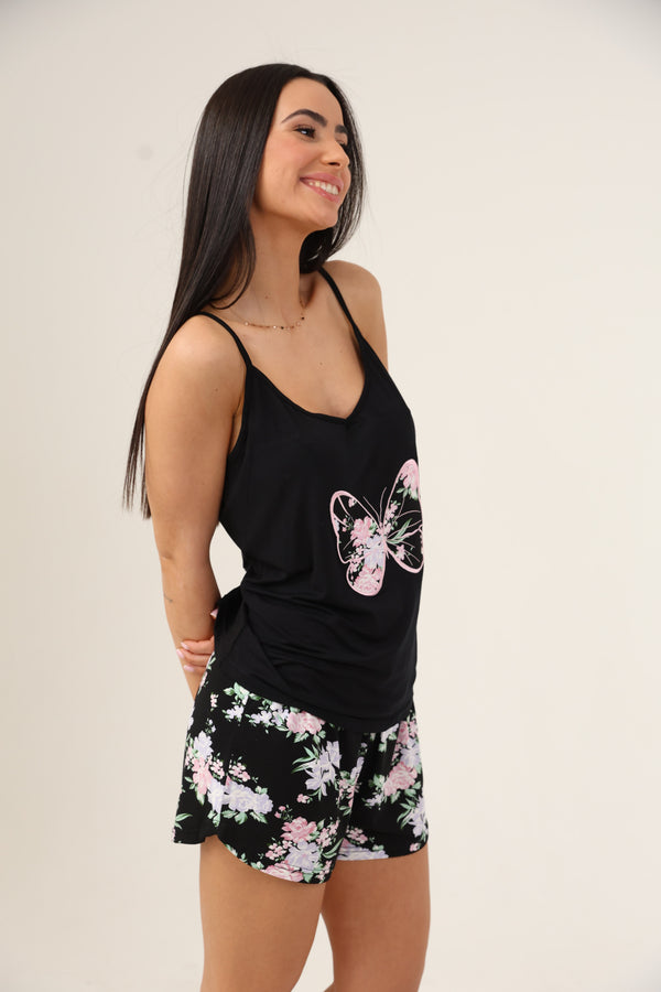 סט פיג'מת מודל  גופייה הדפס פרפר