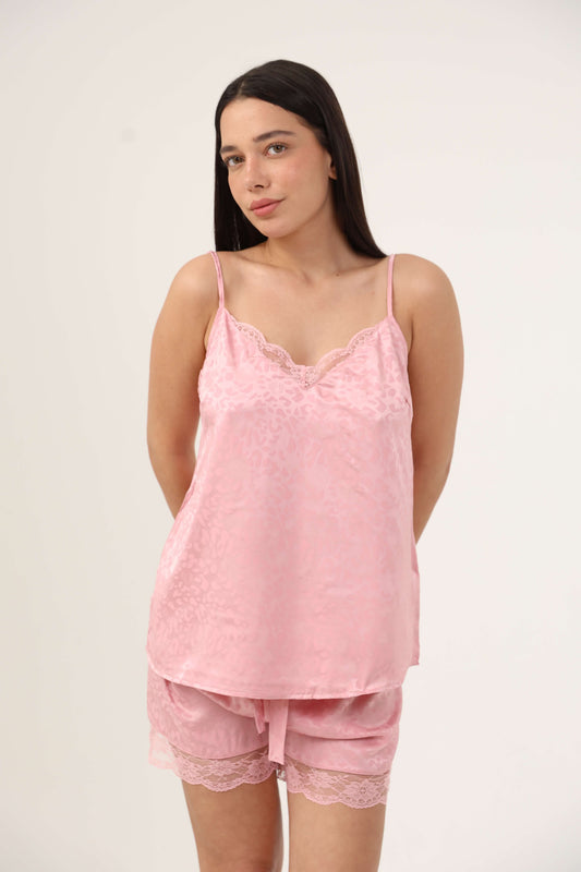 סט פיג'מת סאטן גופייה הדפס מנומר