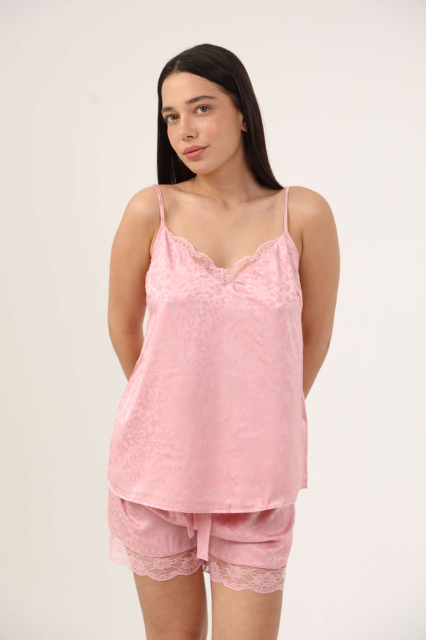 סט פיג'מת סאטן גופייה הדפס מנומר