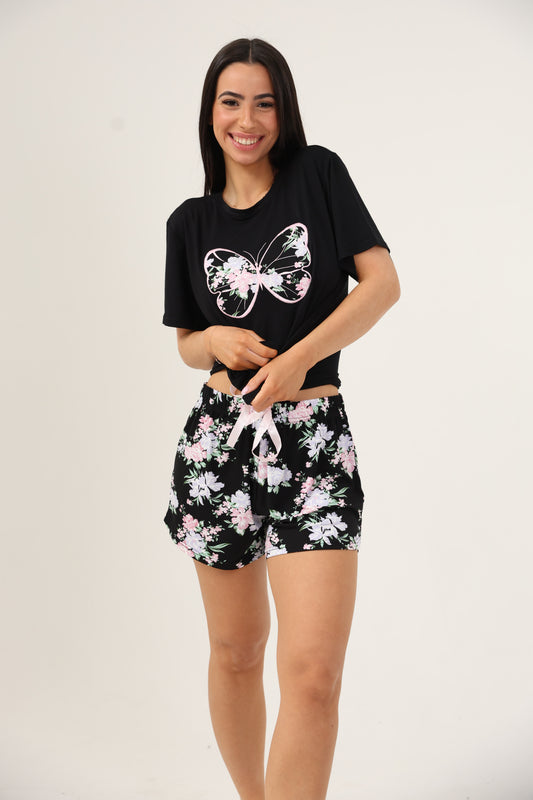 סט פיג'מה בד מודל מכנסון וחולצה הדפס פרפר