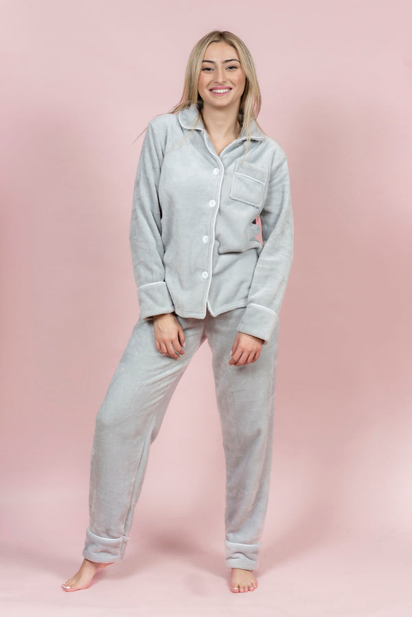 סט פיג’מה פליז קלאסי כפתורים