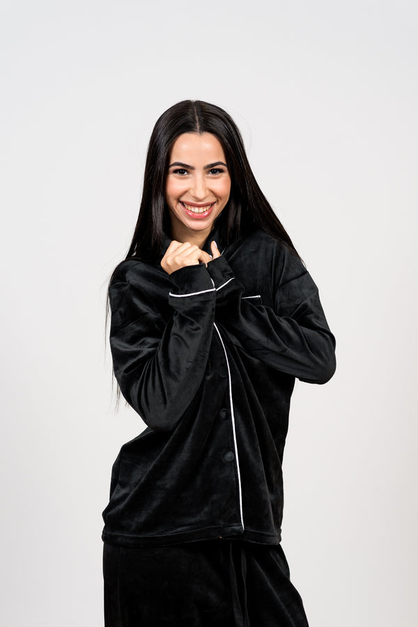 פיג'מת קטיפה קלאסית - סט יוקרה מכופתר