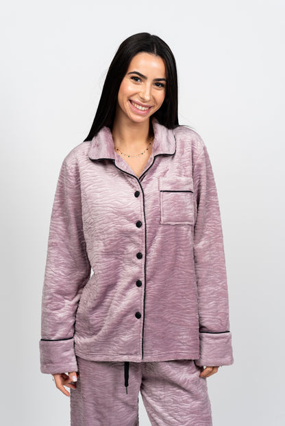 פיג'מת פליז קלאסית - סט יוקרה מכופתר